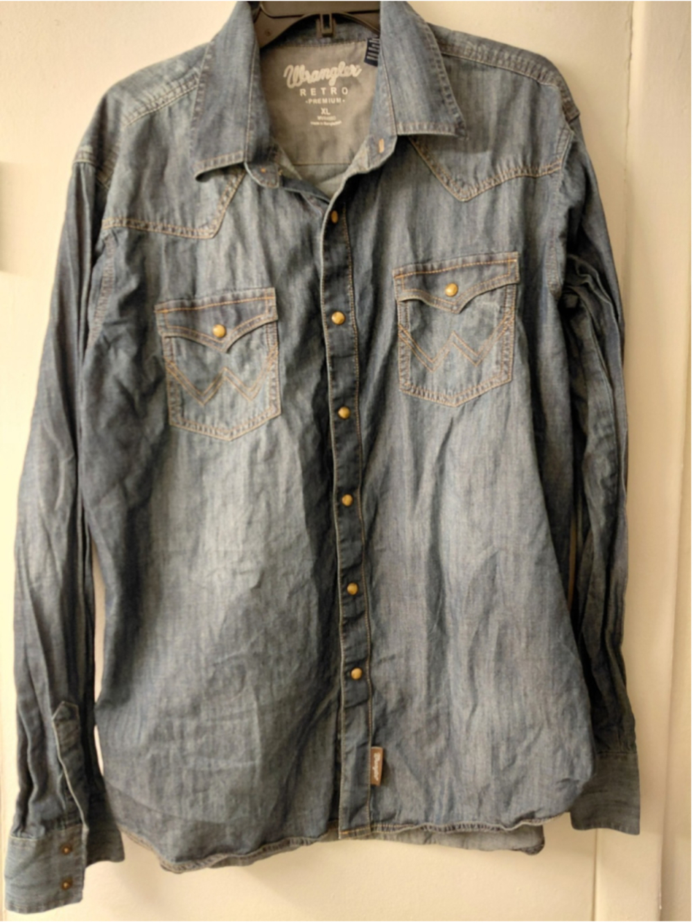Wrangler Retro Western Shirt Mens XL Blue Blue Denim Chambray Pearl Snap Premium